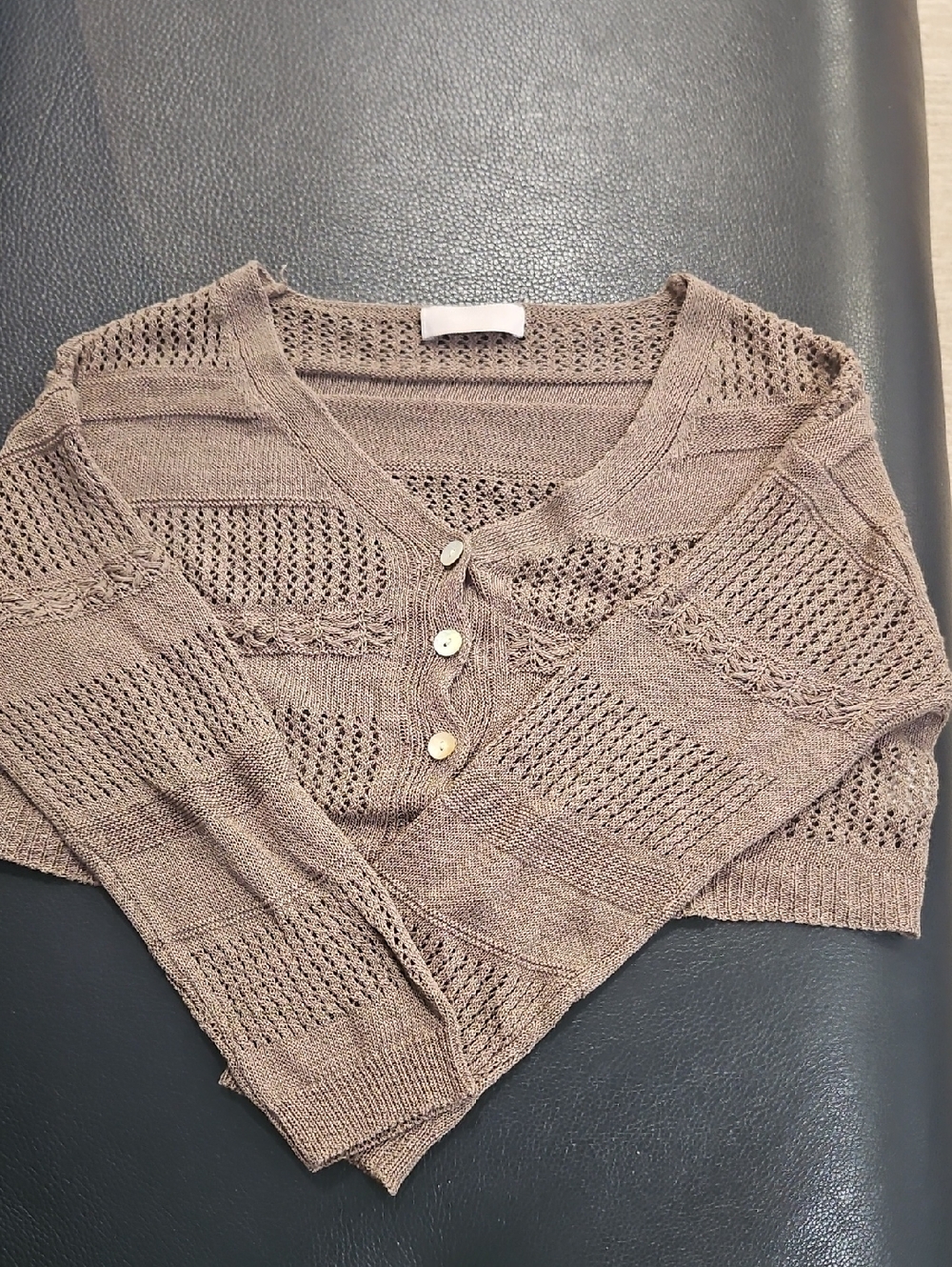 Light Brown Open-Weave V-Neck Sweater with Buttons. Small Size. Acrylic 100%